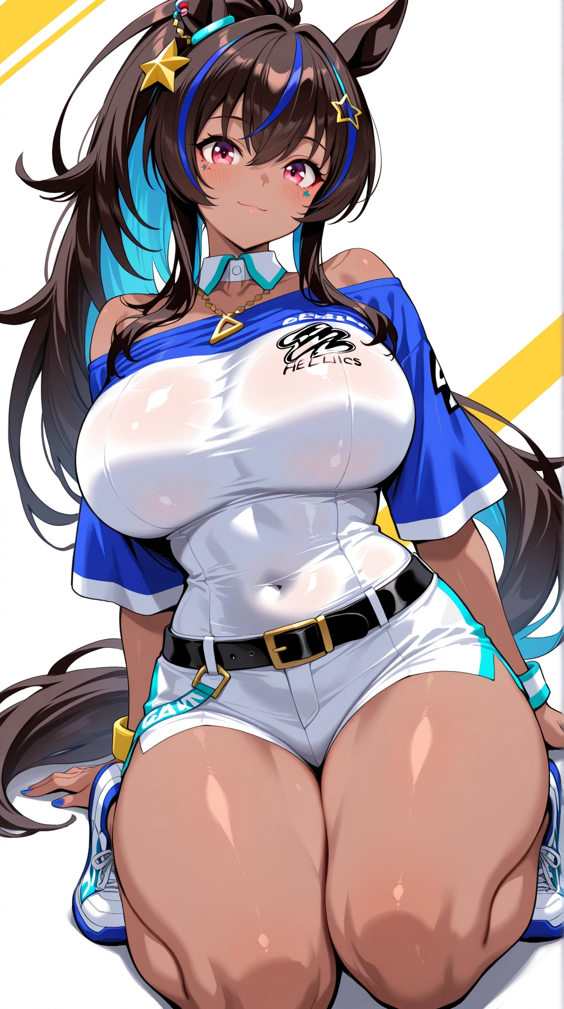 Beautiful girl, visor sunshade, cyber city, cyberpunk, blue and yellow jacket, big breasts, cleavage, sexy,