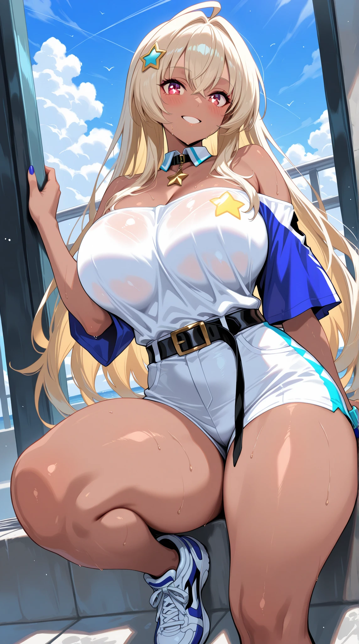 1girl, large breasts, breasts, thick thighs, wide hips, wolf ears, wolf tail, blonde hair, tan skin, tan body, tan, toned, toned female, gloves, fingerless gloves, black jacket, jacket, sports bra, sportswear, blue neon trim, blue trim, highleg panties, neon trim, neon, machinery, futuristic, light smile, cutout, mature female, ponytail, long ponytail, cameltoe, pointy hair, spiked hair, blue eyes, baseball cap, cap, hat, clenched hands, fists, fist, ((clenched hands))