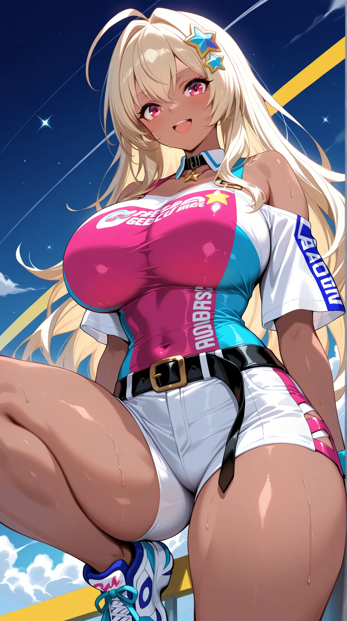 1girl, blonde hair, long hair, blue eyes, large breasts, breasts, wide hips, thick thighs, wide hips, mature female, hourglass figure, athletic female, toned, toned female, tall female, smile, bikini, highleg bikini, highleg, micro bikini, string bikini, yellow bikini, black trim, number, numbered, numbers, bat, baseball bat, baseball cap, cap, hat, text, stadium, smile, gloves, thighhighs