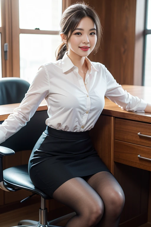 (((actual photography))),, portrait, Korean，(stunning face:1.3),, beautiful girl, Eyes on the document,Sit in a large class chair , (Hip skirt，，Work:1.2), shirt buttons and pants, , (cleavage:0.3),, In the CEO&#39;s Office, (environmental details:1.3),, (original photo, CG Unity, photography, ultra actual details, sharp focus, Delicate skin,4K, High resolution, masterpiece, best quality, actual, energetic:1.2),, (8K,4K, Ultra high quality, High resolution, professional, Movie般的, Movie, Dramatic),, Detailed Background,