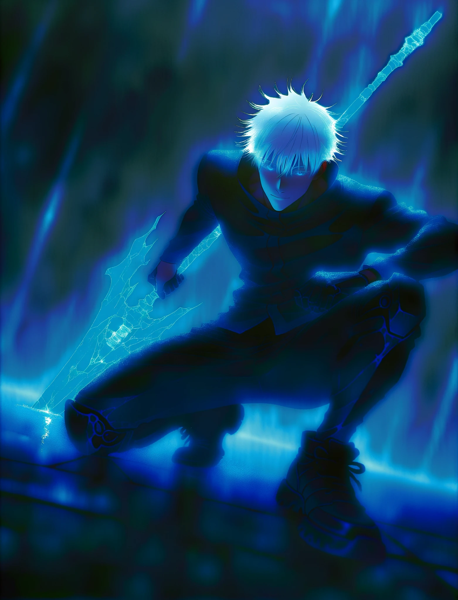 1man, adult, male focus, gojou satoru, jujutsu kaisen, white hair, short hair, ((hair between eyes)), colored eyelashes, white eyelashes, blue eyes, intricate eye iris, detailed eyes, muscular male, sexy man, handsome man, handsome face,
, darkness, dim light, low light, dark color scheme, cyborg, black metal skin, black robotic skin, robot joints, blue light, blue glowing cracked, short sports complect, sweatshirt, black massive sneakers, squatting fight pose, active fight pose, holding a huge metal spear with one hand, ((masterpiece illustration)), ink style), Detailed Illustration, Realistic Style, Surrealism, HDR, High Contrast, best quality, photorealistic, ultra realistic details, detailed skin, 32k wallpaper, dark hell, detailed background, cinematic lighting, cinematic angle, soft light, color detail, backlighting, Depth of field, semi-relistic style, soft features, detailed shading, painting shading, upper black metal parted short armor, metal black knees armor, all-black massive shies, cyberpunk, blue neon-lit accents,