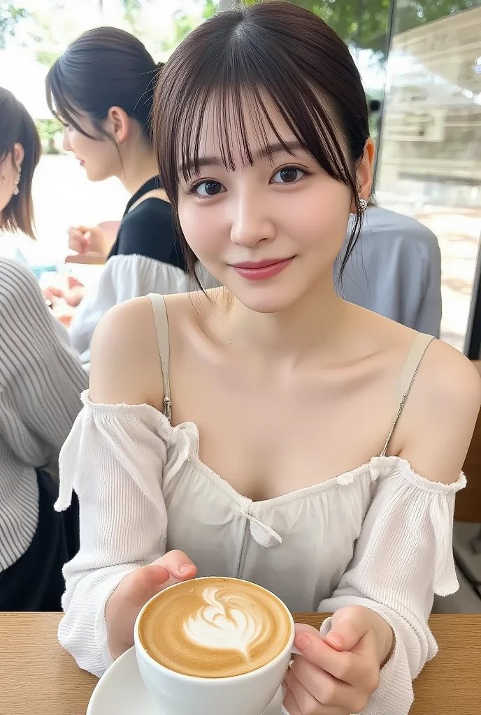 (highest quality,masterpiece:1.3,Ultra-high resolution),(Very detailed、Caustics) (Realistic:1.4, RAW shooting、)Ultra-Realistic Capture、Very detailed、Natural skin texture、masterpiece ,Adorable expression、Expressions of happiness、Japanese,22 years old、Young Face、Amazingly cute、light makeup big breasts、Bare arms、Shining thighs、Stylish Cafe、(((The cafe's interior is detailed.))),Drinking coffee。(((Tank top))),(((mini skirt)))、An inviting gaze、Cowboy Shot、Anatomically correct、Attention to detail