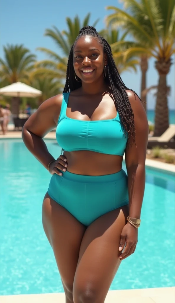 Plus size model, bloated belly, African woman, bikini, runway