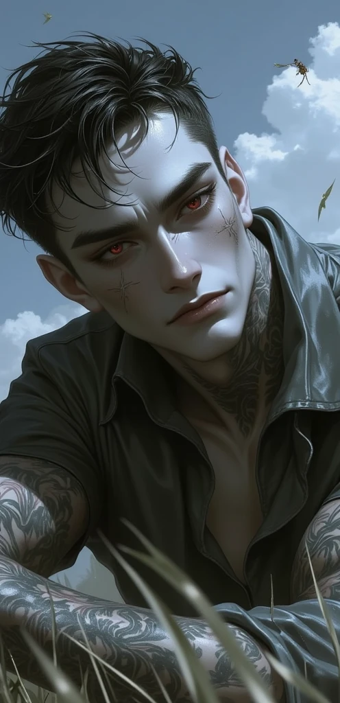 Realistic Digital Painting with Concept Art Elements", (masterpiece),"highest quality", "Expressive eyes", "Perfect Face" "digital painting," "concept art," "realistic," "high detail", "muscular",, "high-res", "ominous aura,", "8k resolution", "oil painting", "darker tone" , "dark saturation" ,"dark feeling", "concept art" , "detailed features" , "detailed eyes" , "1man" , "masculine build" , "brown eyes" , "tattooed neck" , "suit" , "full body" , "scar over lip" ,"scarred face", "detailed features" , "sitting" , "seductive"