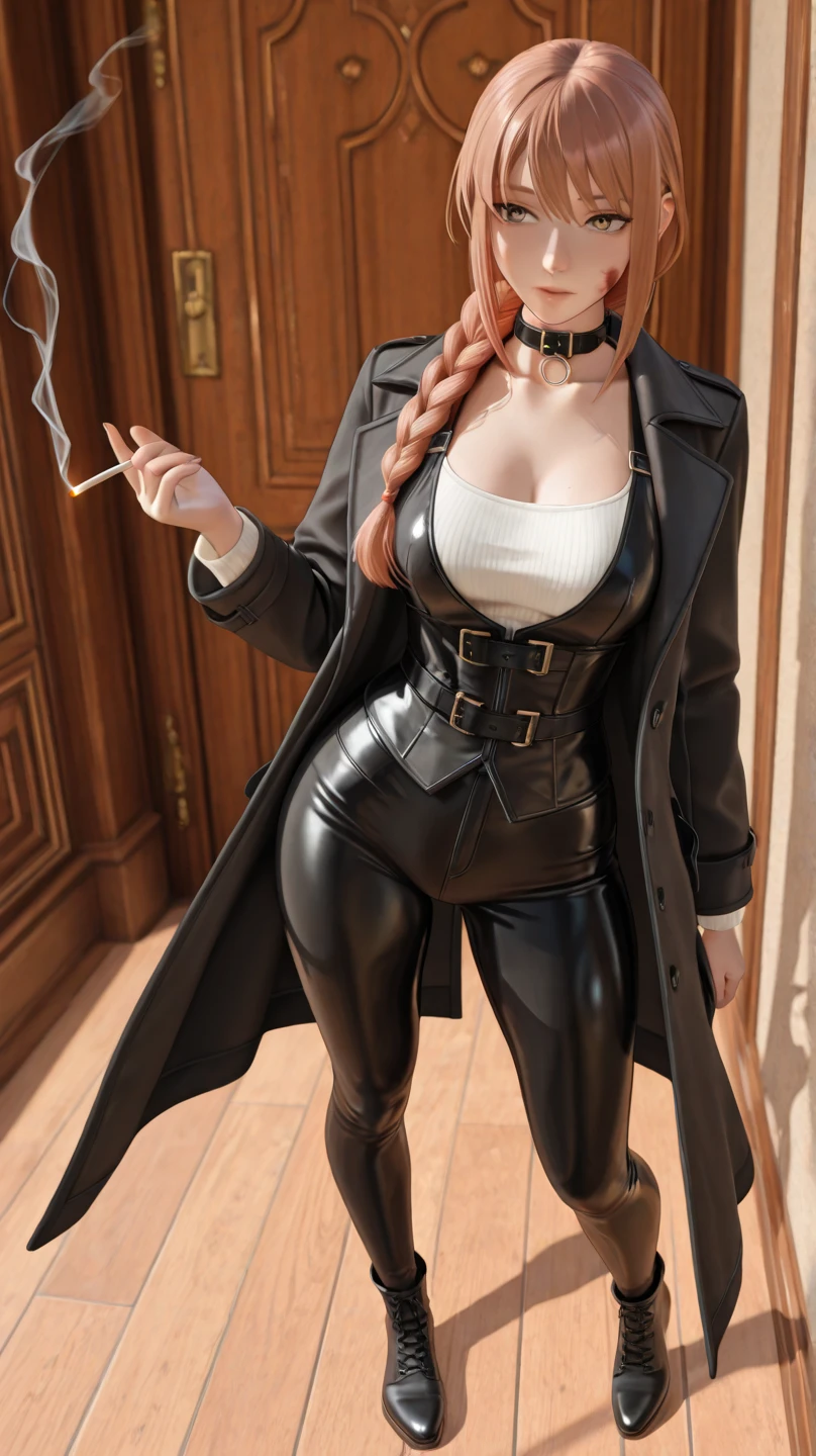 a gorgeous woman wearing a white silk shirt with a deep v neck, brown leather miniskirt, and a belt, cinched waist, dramatic lighting, photorealistic, high fashion editorial, corset, red hair, huge breasts, purple eyes, black makeup, crimson lips, looking at camera