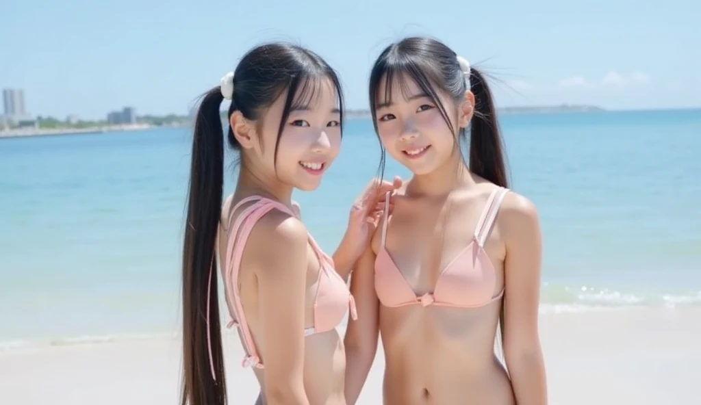 NSFW,(top-quality, masterpiece: 1.1),
,two Japanese 14Years-old small breasts girls posing on the beach next to each other one's arms high up in the air, outdoors, beach, standing, multiple girls, standing on one leg, standing split, 2girls, split, nipples, day, breasts, palm tree, black hair, smile, nude, pussy,navel, sky, kneepits, ocean, looking at viewer, small breasts, cloud, long hair, grin, realistic, blue sky, sand, armpits, uncensored, leg up, lips, water, stomach