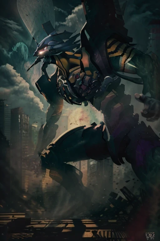 eva 01, evade god , halo,Boom ,burst,Mecha Evangelion, Sci-Fi, Looking at the Spectator, (official art, best quality, Masterpiece:1.2), illustration, high resolution, beautiful abstract background, Futurism, cyberpunk, intense angle, in the foreground,Silhouette,light particles ((fight pose)), ((dinamyc pose ))