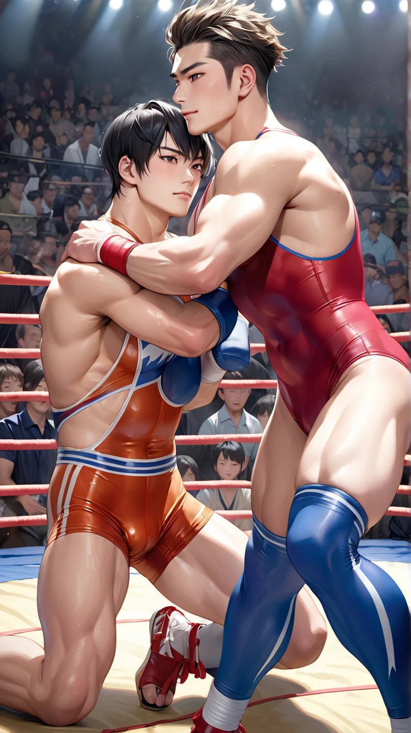 Young adult males slightly muscular wrestling with each other wearing tight erotic leotards their huge manly sagging bouncing breasts and huge erect bulges rubbing, NSFW, wrestling porn, wrestling hentai, yaoi, ((dynamic wrestling pose)), catfight, erotic male wrestling, ((fucking)), the defeated one gets fucked, the crowd cheers, ((fighting and boxing)), (((grabbing huge soft squishy manly bouncing breasts from behind))),