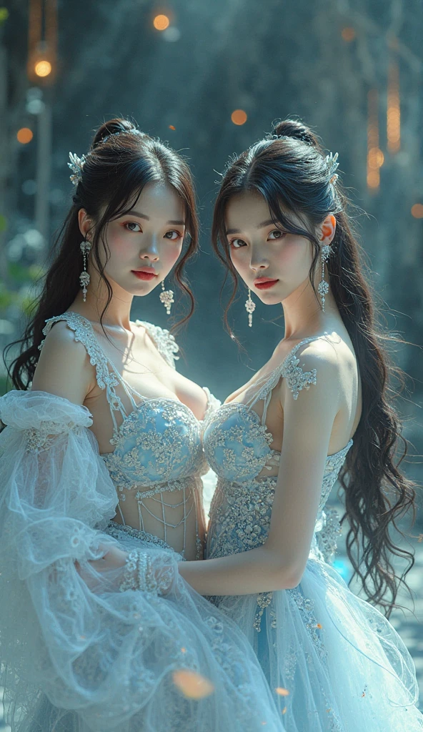 Two Asian women in white dresses posing for photo, a beautiful fantasy empress, queen and ruler of the universe, Trending on CGSTATION, wlop and sakimichan, trending at cgstation, ((a beautiful fantasy empress)), royal elegant pose, rendering of beauty pageant, posing together in bra, two models in the frame, goddess queen