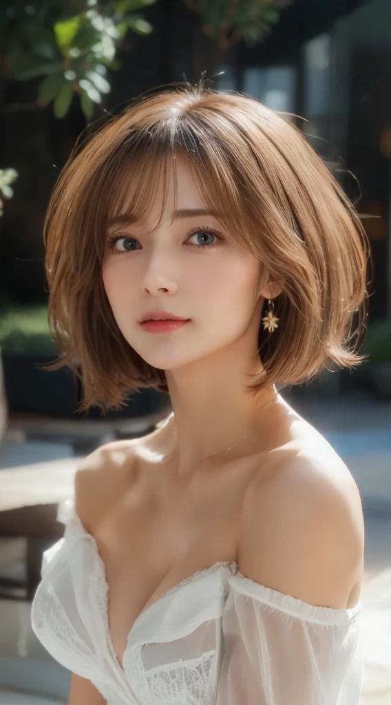 masterpiece、Highest quality、High resolution、Tabletop、wallpaper、Realistic、Bright lighting、((Small, flat chest:1.4))、Professional Lighting、Face Light、Smooth lighting、Japanese women、Adult、((Beautiful Makeup:1.2))、((Strapless camisole:1.4))、Beautiful woman、action、gravure、sexy、poor、so beautiful、Beautiful Skin、Beautiful and detailed、Detailed face、slim、moderately、Short Bob Cut、Brunette Hair、Brown eyes、Looking at the camera、
