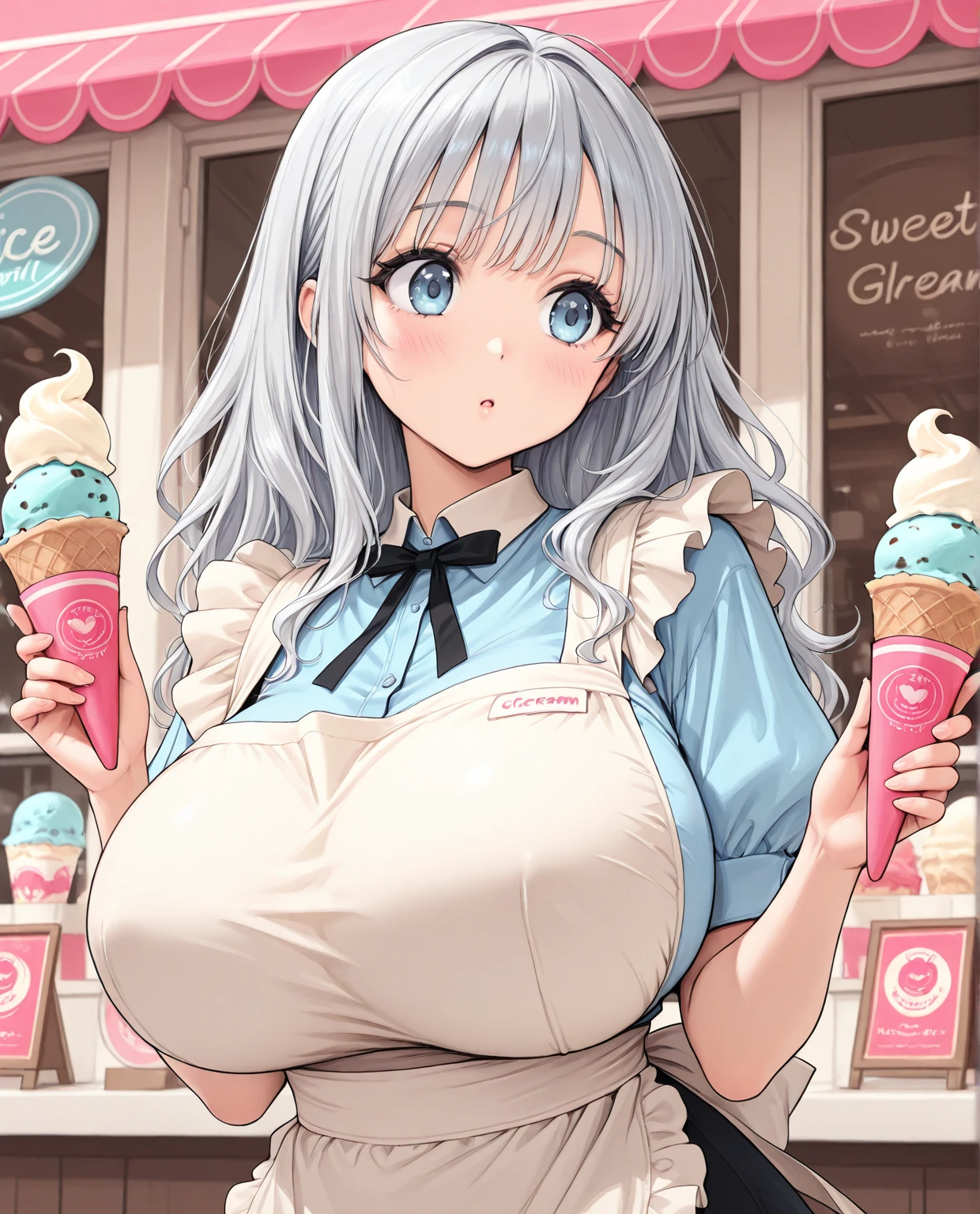 ((Highest quality)), ((masterpiece)), (detailed), One girl, Sexy, Convenience store clerk。Crouching in front of a shelf at a convenience store、Silver Hair、(Cowboy Shot、Highest quality、8k、Award-winning works、Ultra-high resolution)、One beautiful woman、(Large white shirt name tag with blue vertical stripes:1.3)、work、(Silver Hair:1.1)、Bright color contacts、Perfect Makeup、Bright and shiny lipstick、(Very heavy makeup:1.2)、(Deep pink around the eyes:1.1)、Beautiful bright eyeshadow、Heavy makeup around the eyes、(Huge breasts:1.2)、(Romantic affection:1.1)、The best smile he had when he saw me、Accurate anatomy、Ultra HD Hair、(Ultra-high resolutionの完璧な美しい歯:1.1)、Ultra-high definition beauty face、Ultra HD Hair、Ultra HD Shining Eyes、輝くUltra-high resolutionの美肌、Ultra-high resolutionの艶やかな唇、Camel Toe、Giant tit、Nipple Puffs、Cleavage、Plump、Super big breasts、Super big butt、Bubble butt、Gal、、((Oily skin、Sun Oil、Black shine、Gal、Shinyskin、Dewey、Tan Skin:1.3))、price tag、The price of super busty、Very popular store