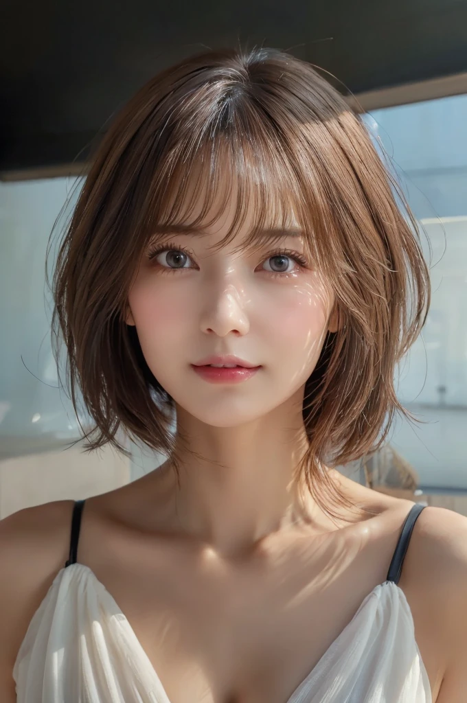 Masterpiece hyperrealist & Photorealistic beautiful girl, Realistic Skin, Light brown short hair,Punk Girl, Little Smile、(head shot:1.5), Color Short sleeve skipper shirt blouse,