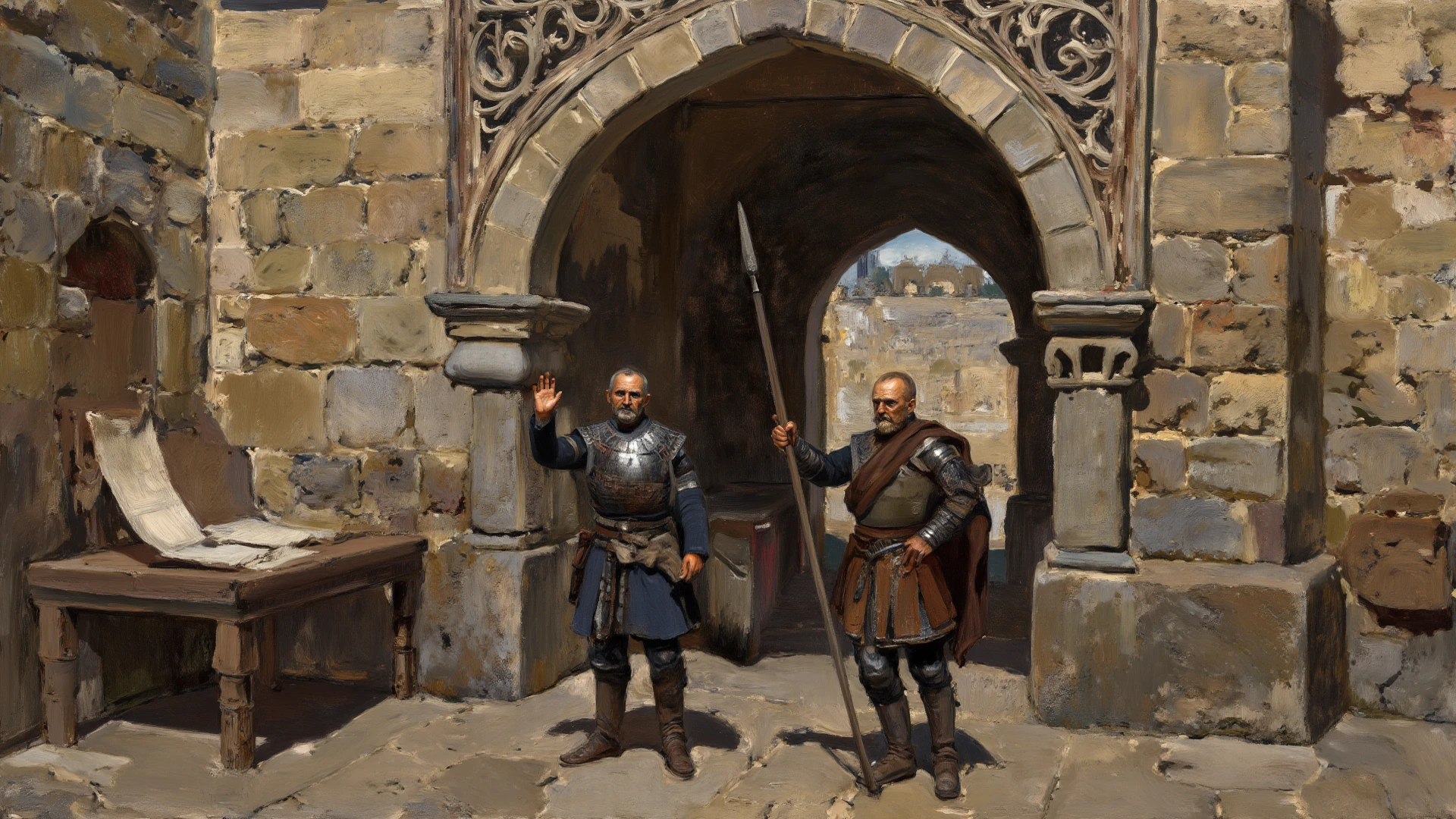medieval captain, bearded, ugly smirk, evil, close-up shot, (walking ALONE: 1.5)
