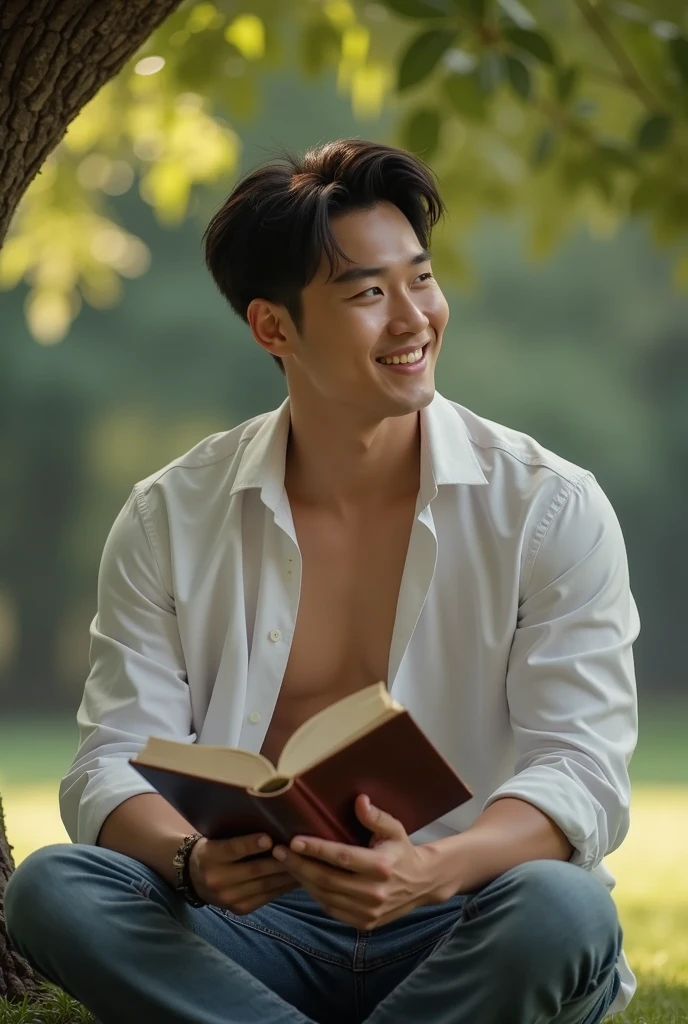 photorealistic, best quality, masterpiece, extremely detailed, sexy, homoerotic, extremely handsome, 30 year old muscular korean man, fair skin, (((muscular bodybuilder))), (((massive thighs))), wearing unbuttoned shirt, sitting under a tree, reading a book in one hand, smiling, extremely romantic atmosphere, perfect face, perfect fingers, perfect hands, perfection