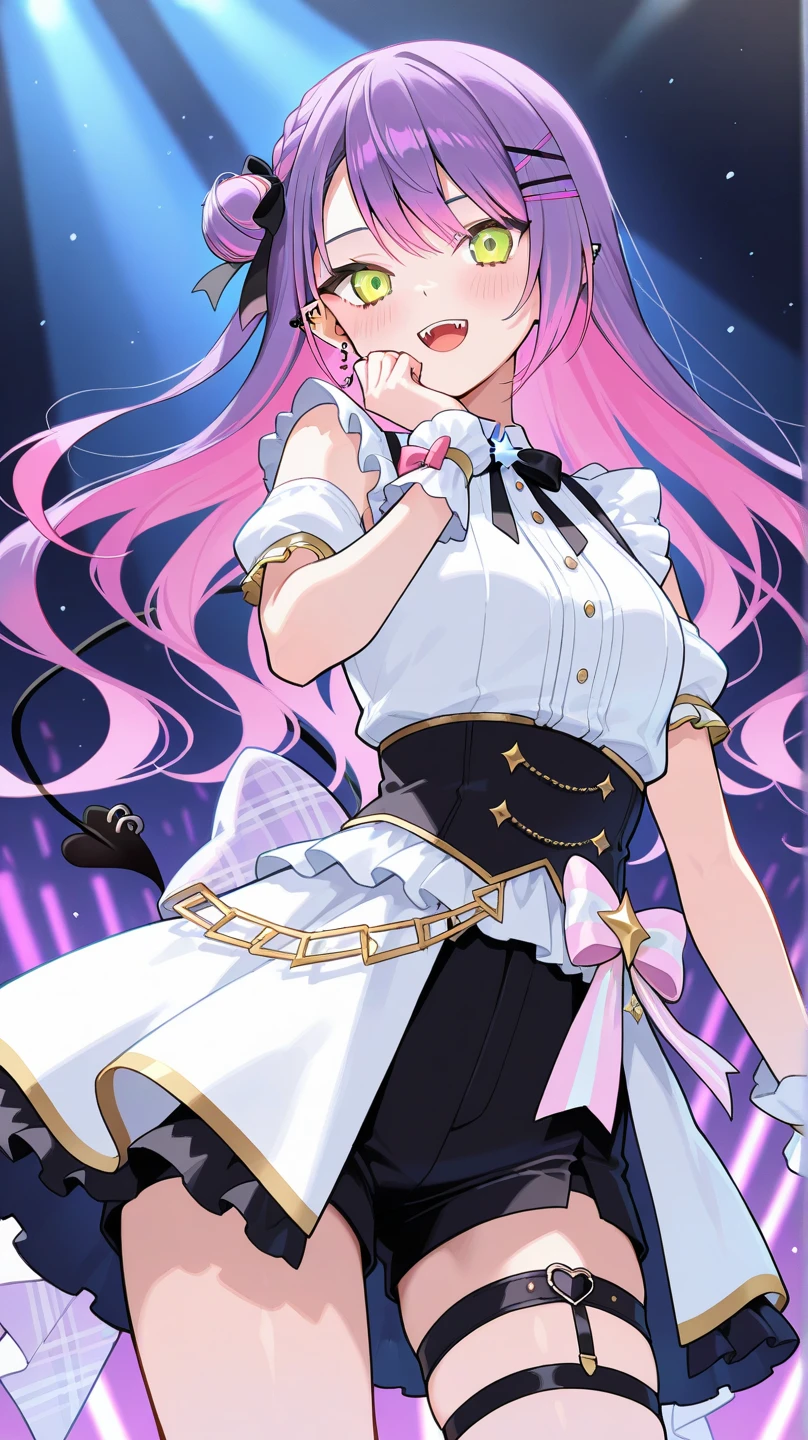 (tmasterpiece:1.2),Best quality at best,perfect anatomia,The is very detailed,1girll,Solo, A high resolution,absurderes,tmasterpiece,looking at viewert,Character Spotlight,A pink-haired,Golden eyes,short skirt,singers,stage,There are lights above,Hold the microphone,white stockings