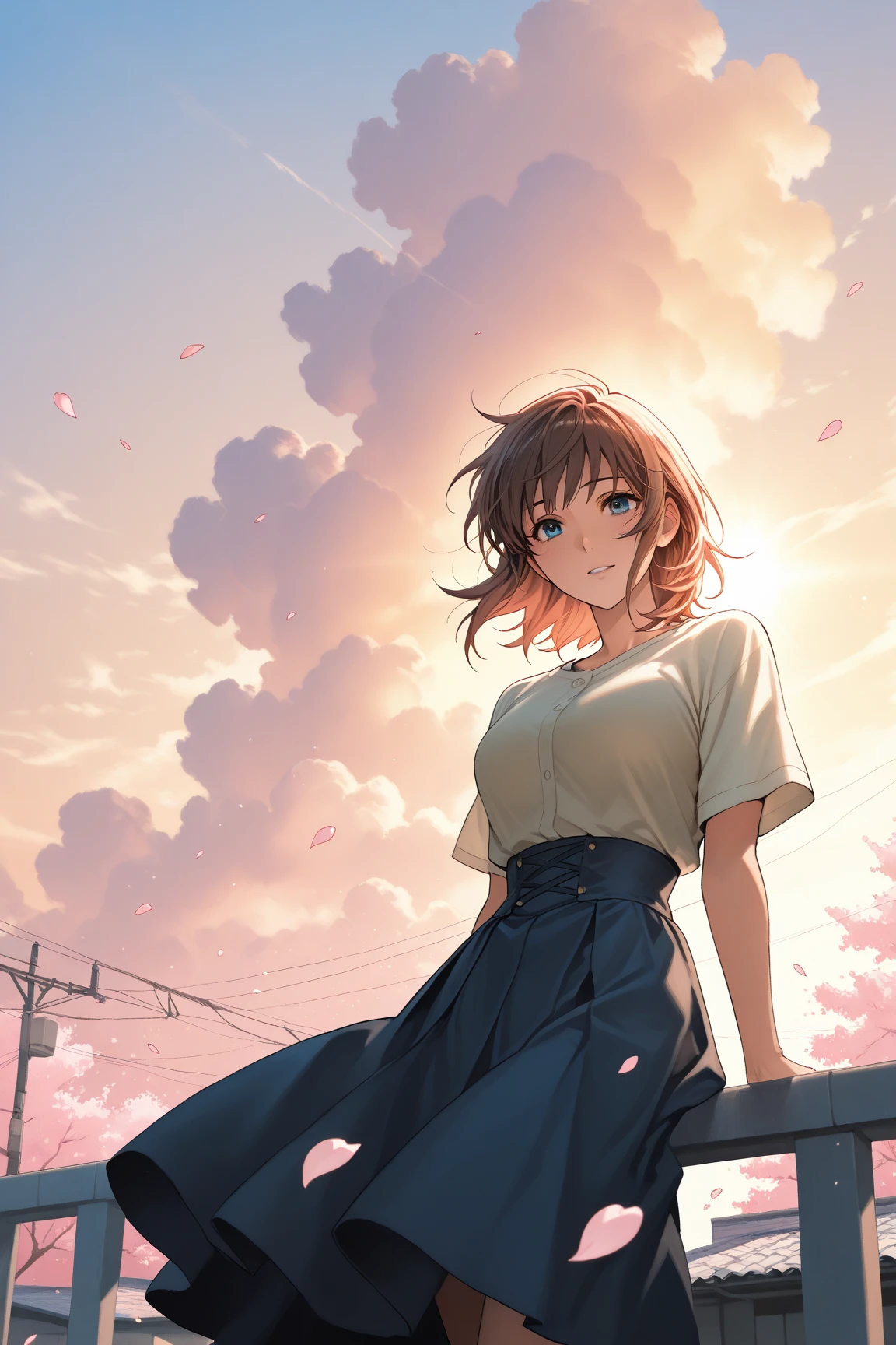 Bright lighting、Beautiful illustrations、
(8k, RAW Photos, Highest quality, masterpiece:1.2), (Realistic, Realistic:1.37), Very detailed, 1 person, alone, cute、(School uniforms:1.2), (Improve:1.2), (White shirt:1.3), (Beige cardigan tied around the waist:1.3), ((Cleavage, The button is off):1.2), (Checkered Pleated Skirt:1.2), ((necklace,Colorful Bracelets,x Hair accessories):1.2), Mountain, wood々Yellow leaves, autumn leaves、Background View, sunset, sunlight, Beautiful afternoon, cloud, Wind in my hair, Leaves flutter, Environment details, More vibrant colors, Saturation effect