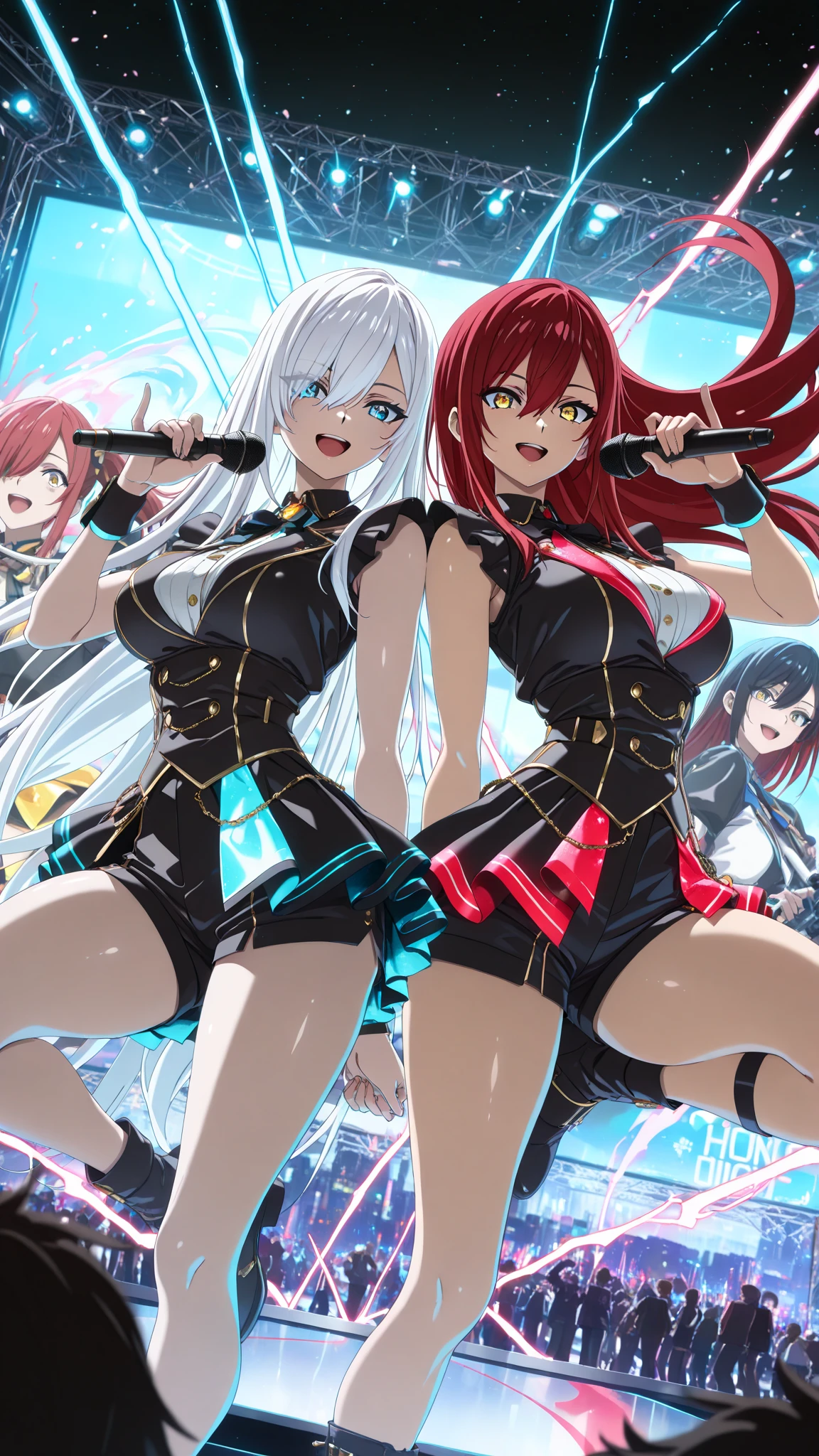 best quality，8K，masterpiece，beautiful girlゲーム，smile，two girls，One side turns its butt forward，smile，beautiful girl，leather jacket，Latest Fashion，beautiful girl，costume，light-novel，Isekai Fantasy，Magical girl，big breasts，Future fashion，uniform，blazer，mini skirt，horny girl，Ribbon on uniform，Outstanding style，multicolored clothes，Beautiful girl with psychic powers，long hair，Multicolored hair colors，highest quality，perfect face，hyper real stick，perfect girl，
