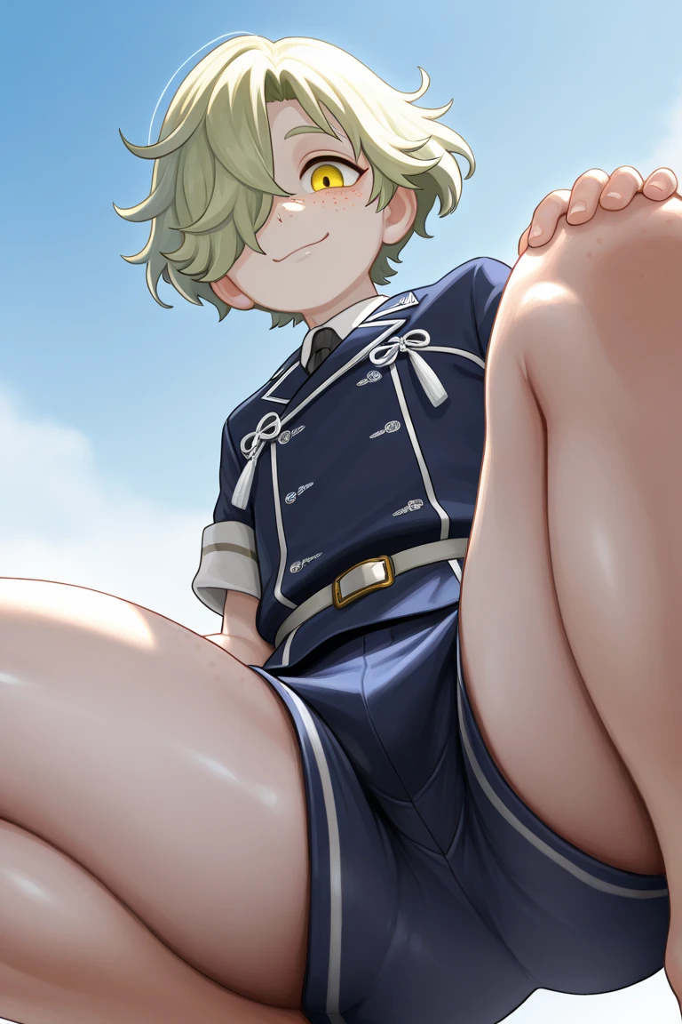 (((masterpiece))), ((Highest quality)), (Very detailed), ((High resolution)), ((8K)), ((Anatomically correct)), One very cute girl, Baby Face, (Young face), (Small breasts), (Tatsumaki), Beautiful nipples, Short Hair, Dark green hair, Letting down your bangs, (Short), (Petite), Charming smile, Emerald Eyes, Best moment, Delicate arms, Detailed skin texture, Intricate details, Very detailedな顔, Beautiful thighs, Beautiful curves, (Sweating), In the park at night, ((Love juice is dripping)), ((Completely naked)), (Embarrassed and shy), The audience is watching from below, Open your legs with your hands, Wearing a collar, Looking Up, 