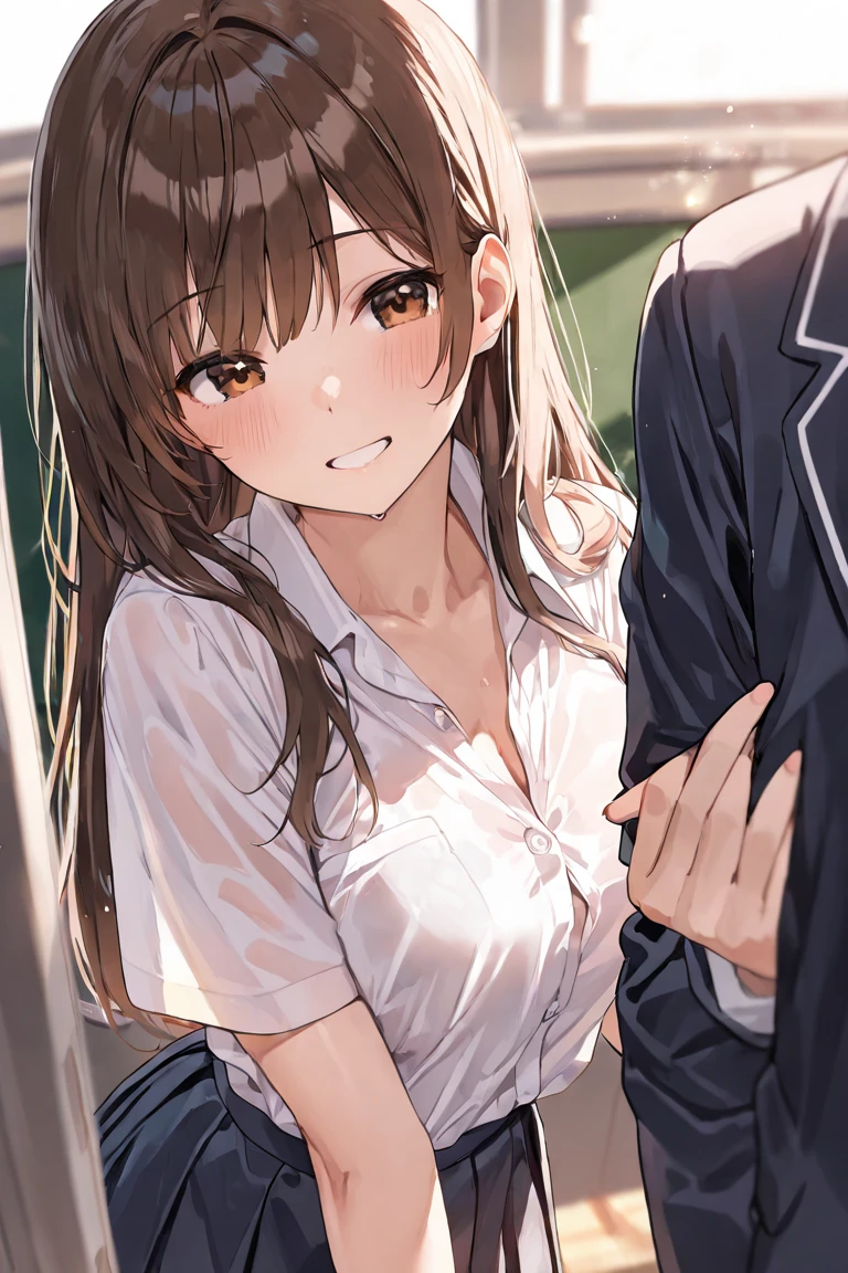 1 Girl, suit, office lady, Black trousers, Black blazer, Brown Hair, Long Hair, teenager, ponytail, Cover your nose with your hand