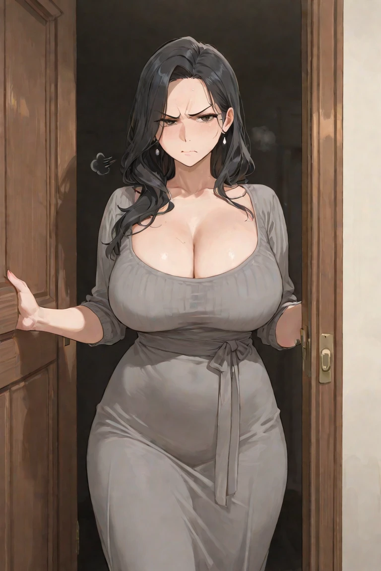 Tōsaka Aoi from "Fate/Zero" standing in a doorway. She has long, straight black hair and a gentle expression. She is wearing a long-sleeved light green dress with a bow at the collar and a white shawl draped over her shoulders. Her hair is slightly damp, indicating she might have been sweating. She is holding the door handle with her left hand, and the door is slightly ajar. The setting is an indoor space, and the lighting is soft, emphasizing her calm and approachable demeanor.