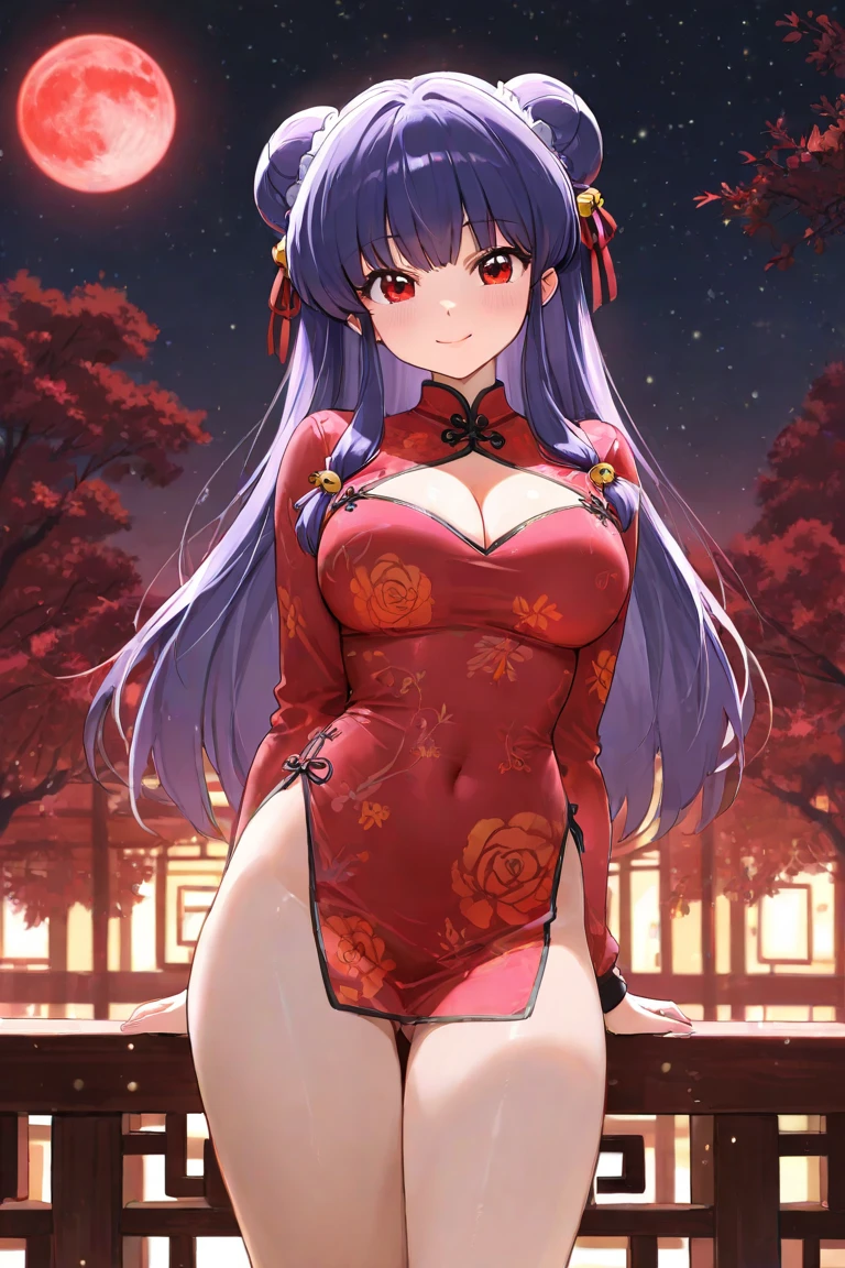 1 girl, game CG, black floral short kimono, thighs visible, gigantic breasts, visible cleavage, dark purple hair, long hair, hair up, princess hairstyle, ahoge, purple bright eyes, smile, standing on a bridge, night, bright moon, ultra detailed eyes, ultra detailed face, ultra resolution, highly detailed, ultra hd, 4k, 8k