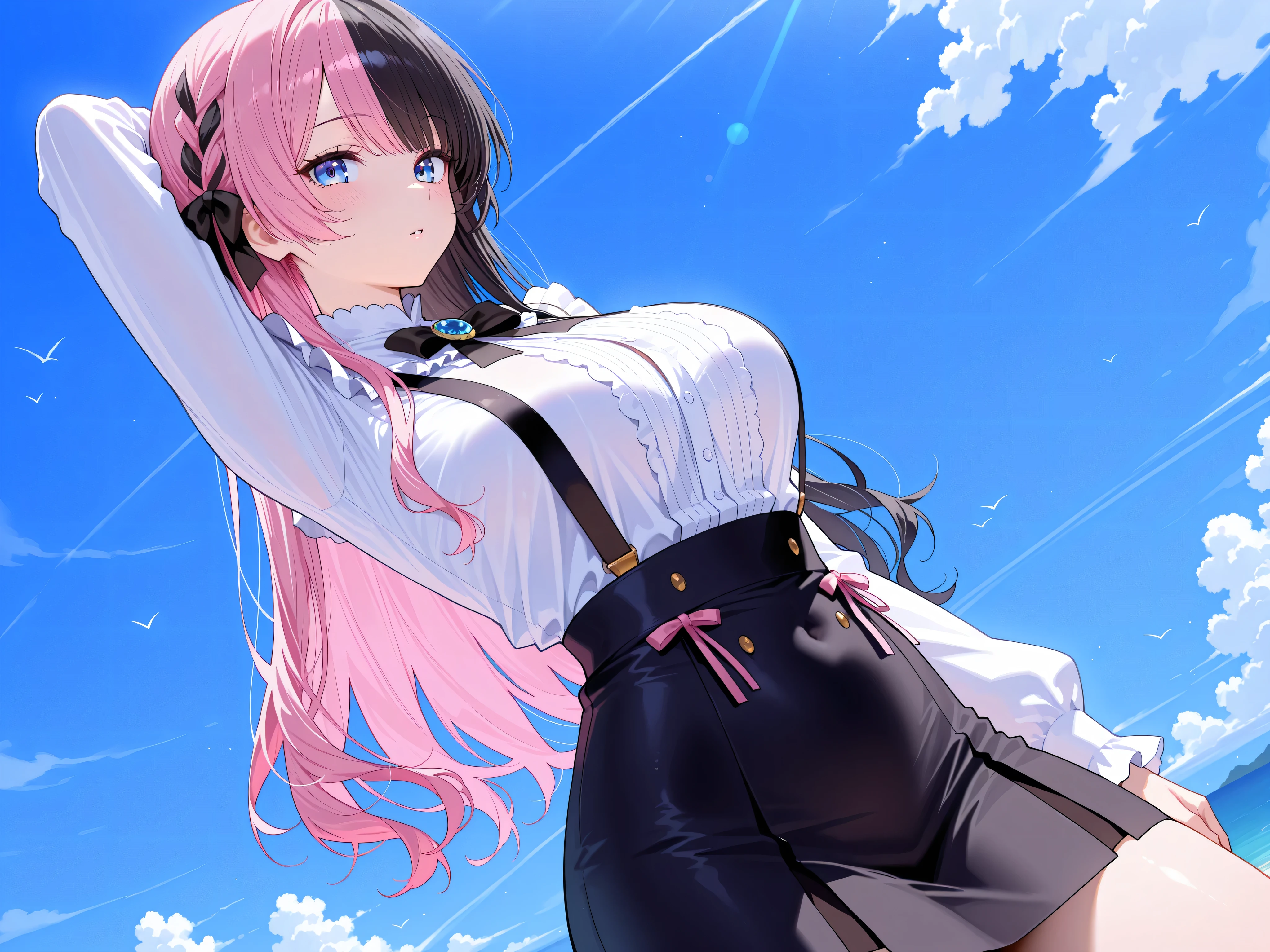 1 girl, Are stand, medium Hair, long hair, ponytail, pink hair, purple eyes, (((cute pink underwear))), (((cute white dress))), (((embarrassed))), (cowboy shot), (((showing underwear))), (((((skirt lift by myself))))), ((((cloth lift by myself)))), (((from front))), (from below), (closed your mouth), ((((looking at another)))), ((32K)), ((best quality)), ((ultra high res)), ((HDR)), ((uhd)), ((extremely detailed CG)), ((unity 32K wallpaper)), ((perfect anatomy)),