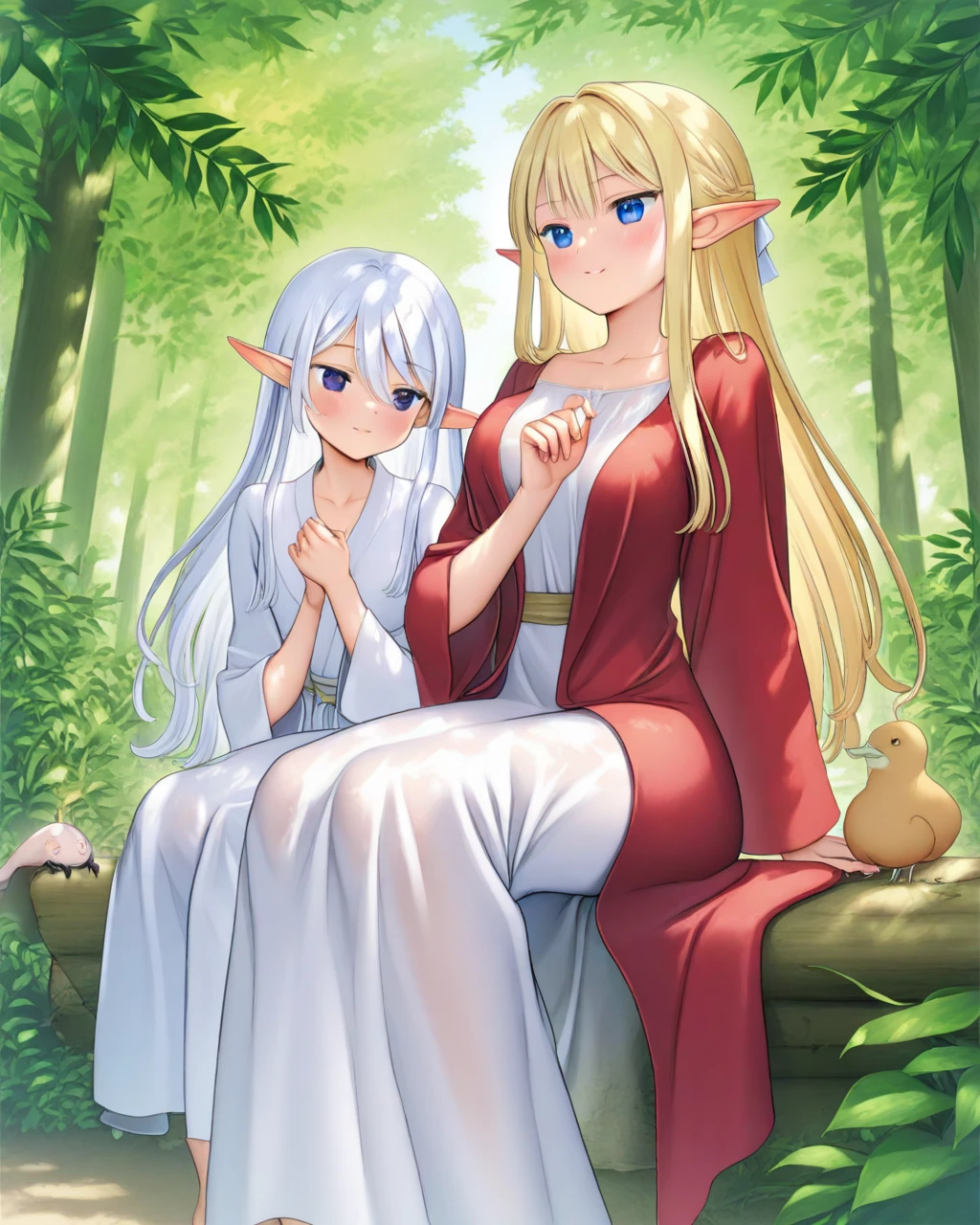 young girl 15 ,, very long hair that touches the ground, platinum ruby hair, iridescent eyes, very thin body , very small breasts, Wide hips, small waist , shining lips , (naked), , very small young woman and thin , stop in a pasture, wreath made of cherry branches , surrounded by forest spirits shaped like orbs of light , forest spirits animals, flirtatious smile, bathed in semen