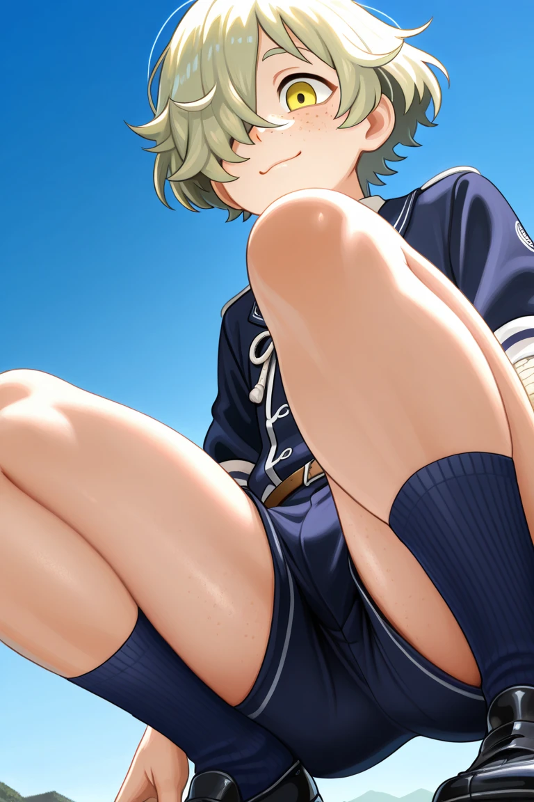 (((official art,Super thin illustration,High resolution, muste piece, best quality,best quality,)))high quality, detailed, (little boy),12 years old, A young ace striker male idol with a super cute face,A boy as beautiful as Planding, Cool handsome face with smile, soccer spike, long legs, thighs, Foots, Bulge, (blonde hair、short hair)、shiny hair, (Tight shiny random color soccer uniform suit), (tight and shiny soccer shorts), (Soccer Socks), grassy area, cool pose, (厚いthighs、Seduce your big ass to your crotch)、(((soccer field in the park)))、((Saucy、))、grinning grin、spread legs,ultra fine painting, (best quality, In 4K, 8K, High resolution, muste piece:1.2),(((Being aware of the sexual gaze of middle-aged gay men)))、Service Shots、((detailedな目:1.2))、cute eyes、showing off his big butt、proud butt、hair band,(((seducing)))