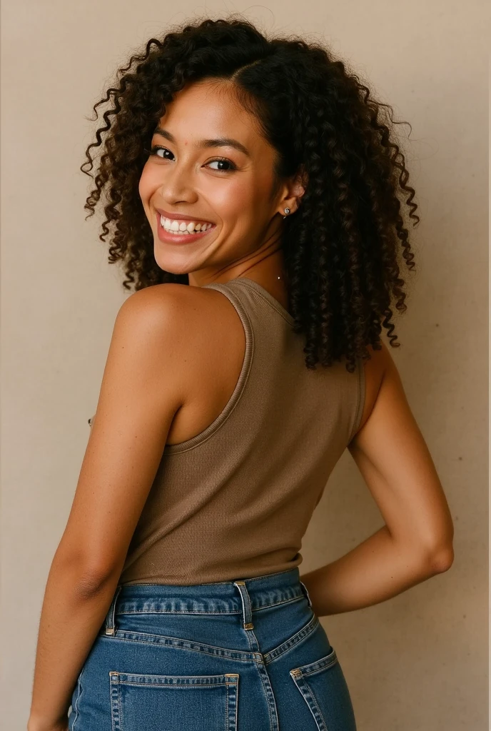 (((back shot:1))), looking over shoulder to camera:1, ((realism)), extremely high quality RAW photograph, detailed background, intricate, Exquisite details and textures, highly detailed, Photo of (Frankie Adams) wearing tight jeans and a tank top, ultra detailed photograph, warm lighting, artstation, 4k, sharp focus, high resolution, detailed skin, detailed eyes, 8k uhd, dslr, low harsh lighting, high quality, film grain, Fujifilm XT3,