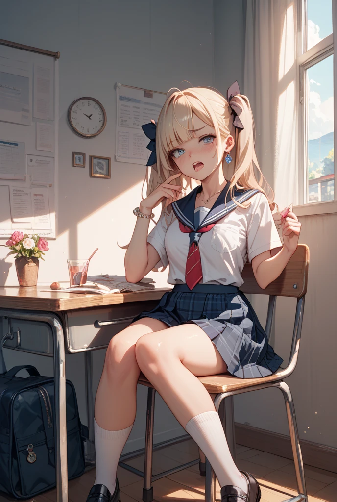 ((masterpiece)), ((best quality)), ((high resolution)), ((Extremely detailed CG unified 8k wallpaper)), alone, Tachibana, black skirt, white socks, small smile, classroom