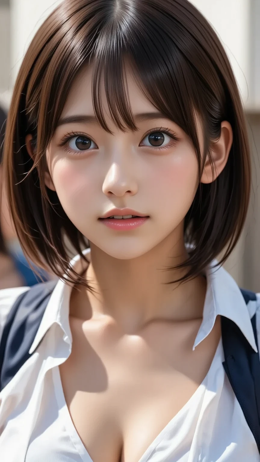 (1 nogizaka girl, face,raw photo,photo realistic:1.5),(best quality, high quality,HDR, highest quality,ultra high resolution,high resolution,high res,ultra high difinition,huge file size,8K,2K wallpaper,8K wallpaper,high quality texture,amazing,an extremely delicate:1.4),one girl, Japanese famous idol,cute face,small face,absurd,ridiculous,incredibly ridiculous,blurry background,(school uniform,sailor suit,short hair,cleavage,no1.2),medium skin,beautiful skin,detailed skin,black hair,silky hair,black eyes,Japanese nose,5-fingers,(Light Particles, Lens Flare, Luminous Particles: 0.7),looking at viewer,bright lighting,professional lighting,girl
