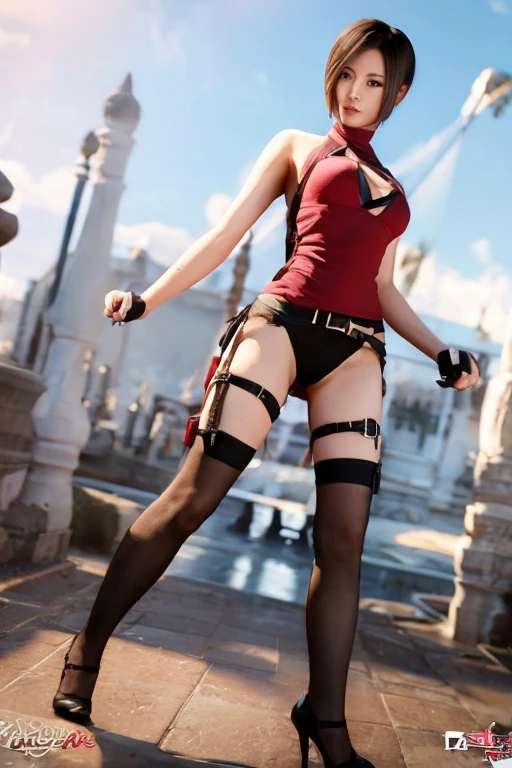 realistic, 1 women, best quality, 12k, HD, long hair, big round breasts, cleavage, ponytail, necklace, jewelry, shorts, short jacket, slim hips, hair tie, yellow eyes, black hair, super detailed, Eye details, hair details, person details, mouth details, face details, breast details, clothes details, hair details, pants details, hand details, whole body