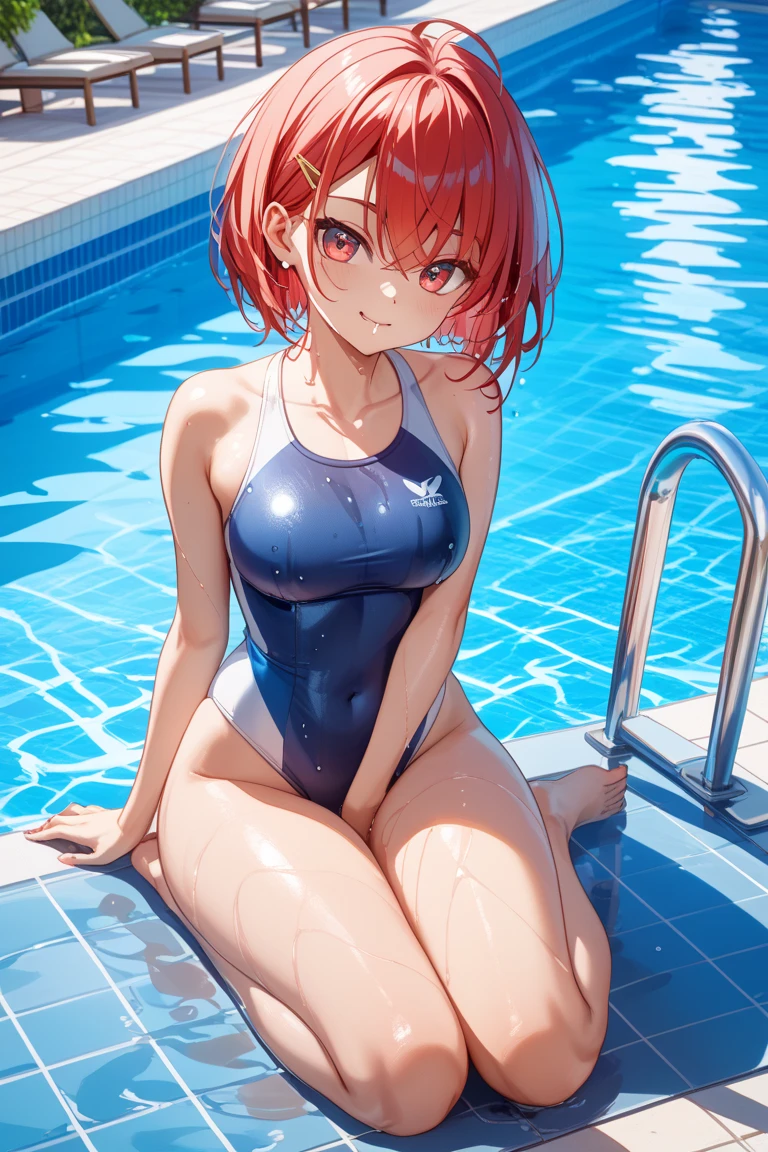High resolution, Highest quality, super high quality, Ultra-detailed, Cinematic lighting、(四つん這いのButt:1.5)、squat、woman 、(A swimsuit with thin and transparent fabric:1.5)、Bobcut、Red Hair、Beautiful Skin、Beautiful Face、Embarrassing、Beautiful Eyes、Sweaty、Sweat、Butt、完璧なButt、