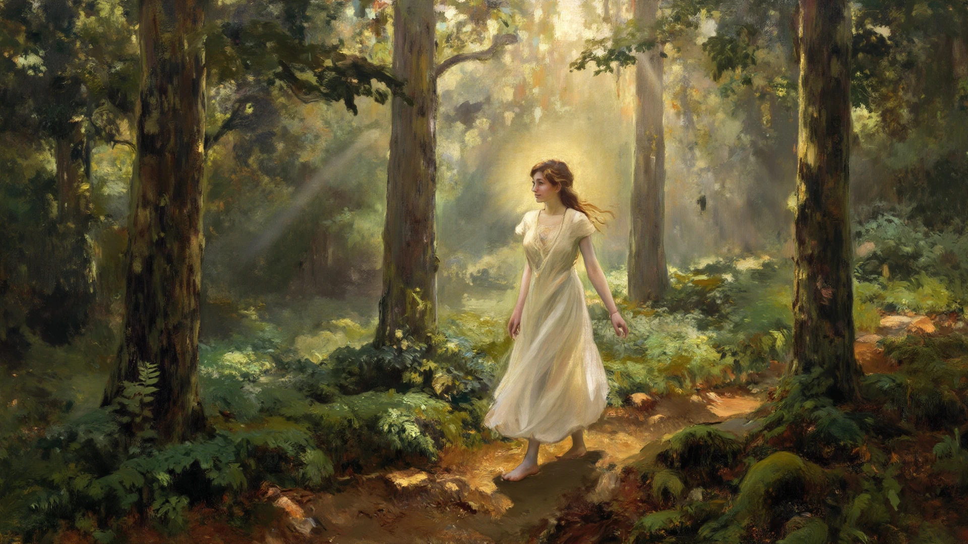 Bamboo forest, a confused and embarrassed  woman (Kate Mara, age 25, panicked, , covering herself as best she can with her hands and arms) is in a spotlight being cast down on her from a hovering UFO, assorted clothes float down from the UFO. flapping in the wind, night