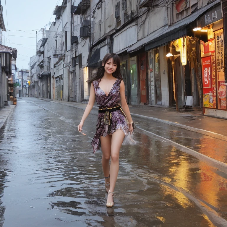 songkran,She walks along the sidewalks of a big city lined with buildings ,drenched, Dripping, Wet Face,Wet clothes, Wet Skin, Wet Hair,A young woman with a cute face like an idol,((Cleavage)),(((A dress that melts and disappears when it gets wet))),(((A melted and tattered dress))),((Full body portrait)),RAW Photos,Genuine,Genuine,High resolution,RAW Photos,masterpiece, beautiful