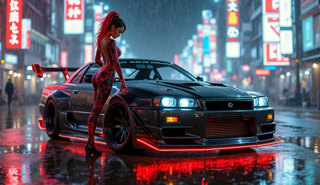 Anime woman with braided red hair, hood ornament on the car, drift racer. art anime