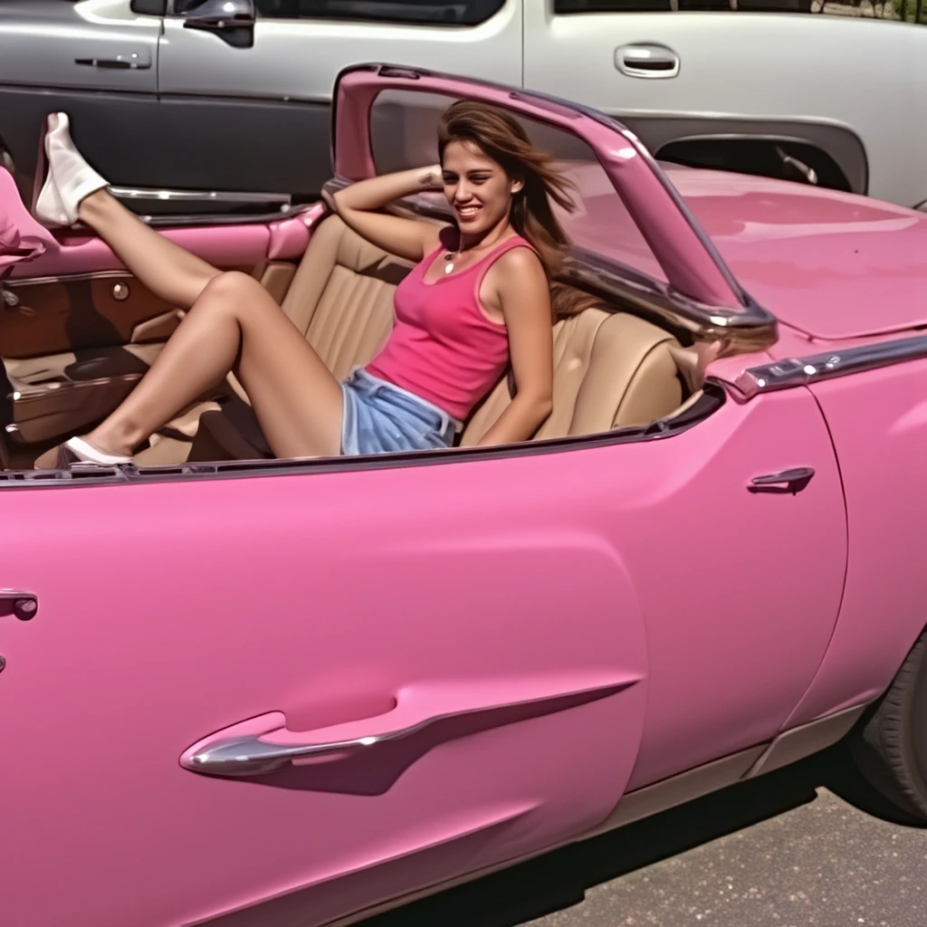 Attractive 26 year old woman with brunette hair, sitting in the passenger side of a 1963 ford ranchero with the door open. Her legs are outside the door and spread. She's wearing a pink tank top and short shorts. On/off 