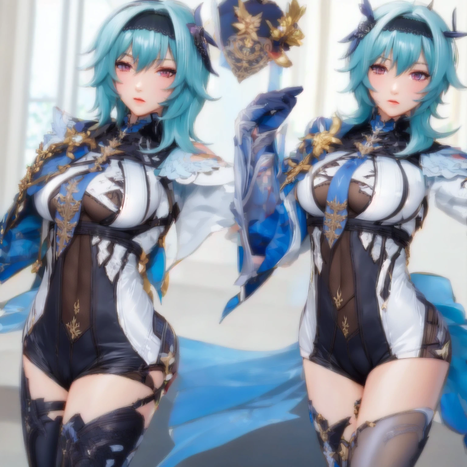 Lisa(Genshin Impact),Multi-perspective,6 anime character stickers with different expressions,Fleet collection style,Anime moe art style,girls frontline style,lovely art style,Miho art style,Official artwork,Chibi Art,Pisif,The style is Nendoroid,cute artwork,8K!,a variety of poses,The artistic stance of leather,Follow fashion trends,pale-blue,Comic cover style,Comic title,Slim figure,cropped shoulders,huge tit,White dress at the bottom,Mesh garment,Fleshy thighs,Below the waist are mesh stockings,Masterpiece,hyper-detailed face,Deep rendering