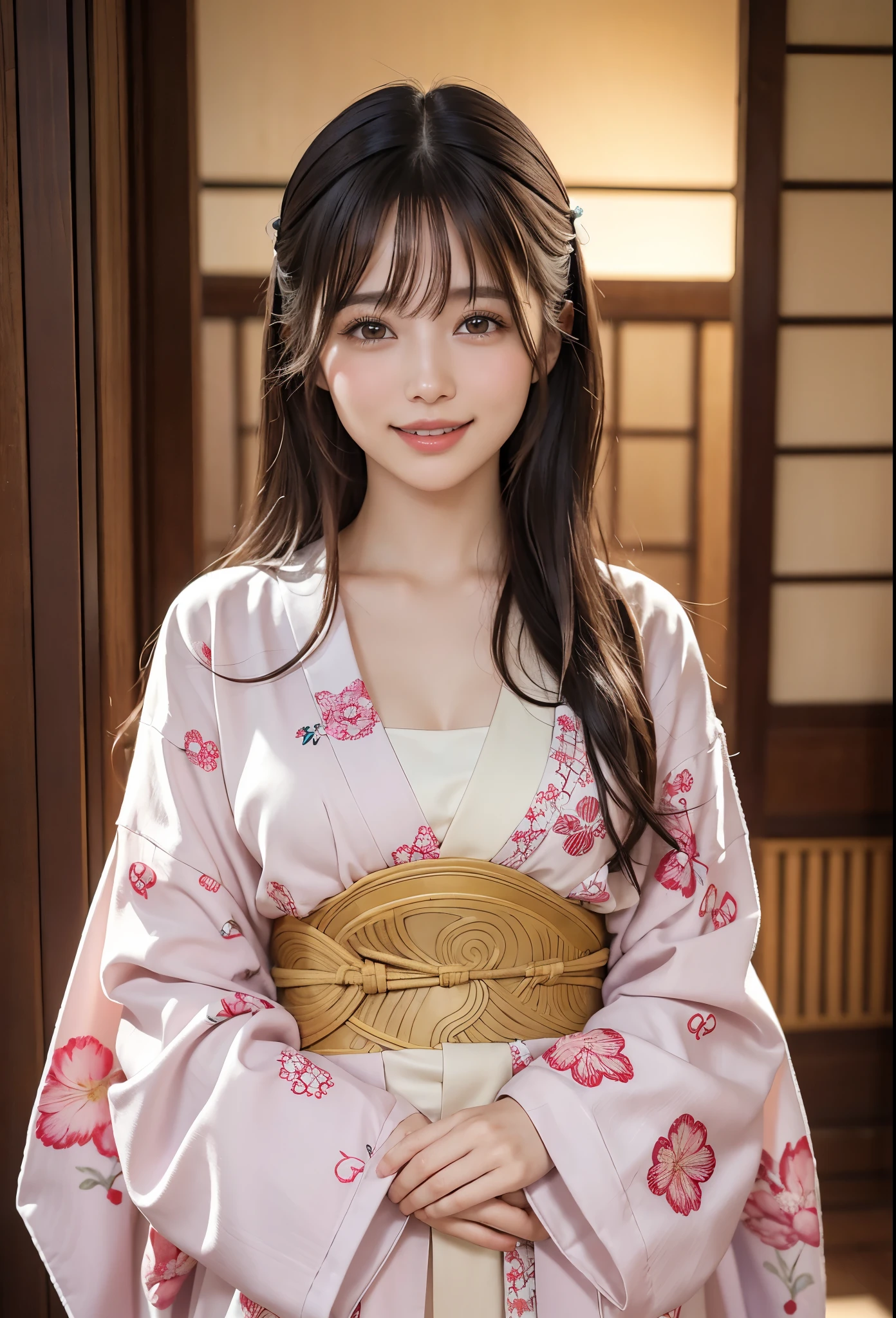 ・Women of Mucha、Photorealistic, Highly detailed face, 4K, Award-winning, , 1girl in, darkness, Deep Shadows, lowkey, (official clothing: 1.4), Long hair, ssmile、Glamour、The kimono 、White teeth, smile , beautiful 、sakura Momo、body