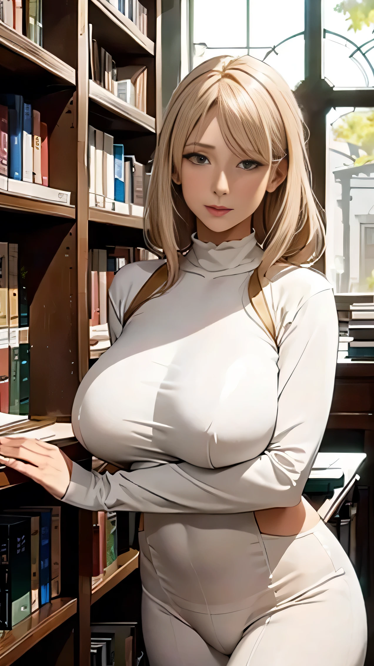 Clothed big breasts、Blonde blue-eyed、library、bookshelf、blanc, --auto