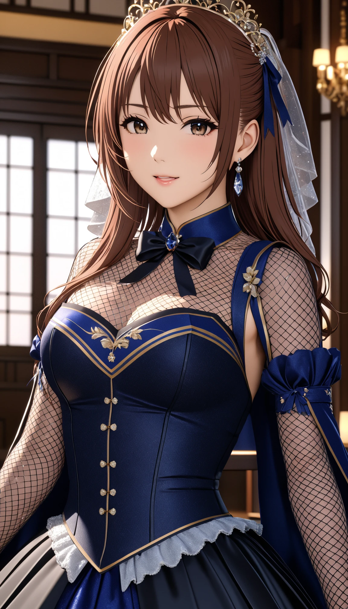 (masterpiece), (best quality), (Super detailed), image_type: portrait | 性感巨乳Cleavage:(Mature female , Large Breasts,Sagging breasts、Cleavage, cleveage、Thick thighs, Wide hips, Curvy beauty, Perfect body，) Fashion | emotion: elegant | Scenes: A young girl in a yellow and white maid outfit stands elegantly in an elegantly decorated interior room | Beautiful light, peaceful mood,look to the side