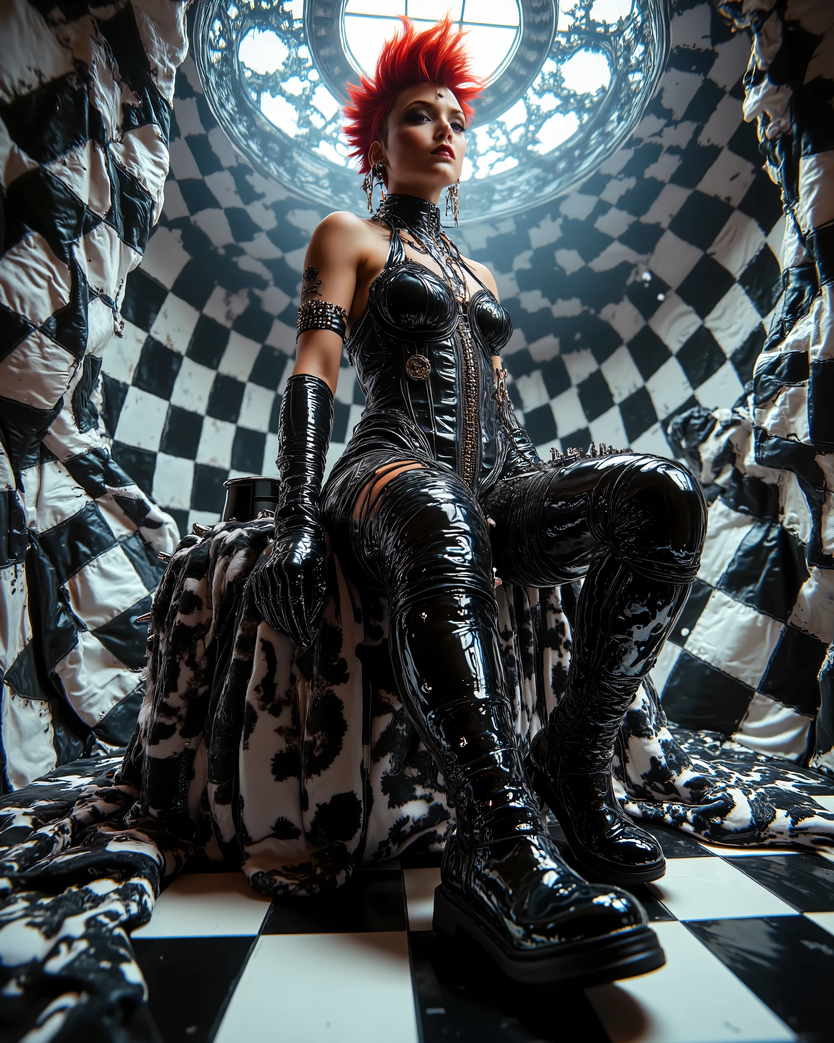In an environment such as a checkerboard A surreal work that represents a Nordic woman fashion model. The beautiful punk metal woman wears black leather clothing and spikes with huge platform boots that combine intricate details with abstract and geometric shapes, It integrates seamlessly into the environment. with complex, with a surrealistic structure. The person wears black and white striped clothing that combines intricate details with abstract and geometric shapes, The background has a kaleidoscopic effect with black and white patterns. The general environment in their heads is dreamy, that turns the uterus upside down