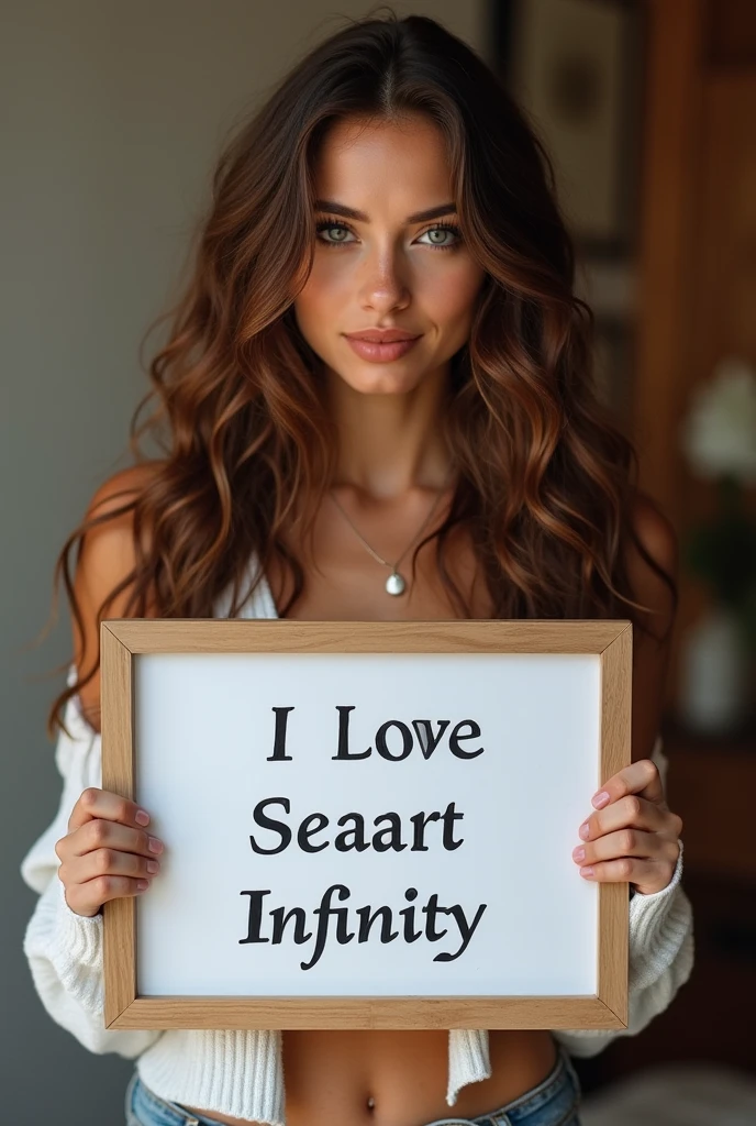 Beautiful girl with wavy long hair, bohemian dress, holding a white board with text "I Love Seaart Infinity" and showing it to the viewer