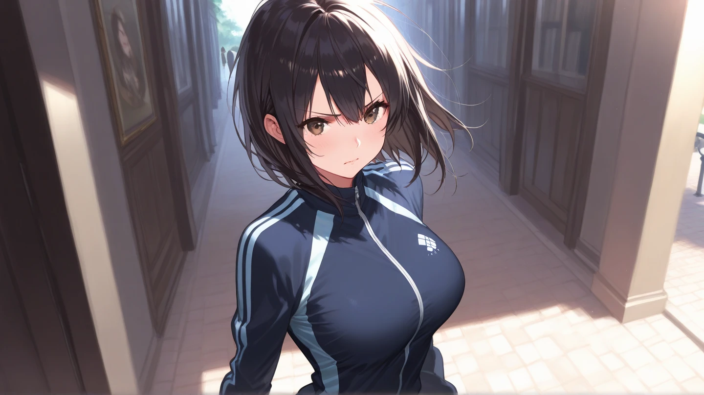 Aile_megamanzx, 1 girl, looking at viewer, Brown hair, green eyes ,City background , Blushed, Wet Vagina