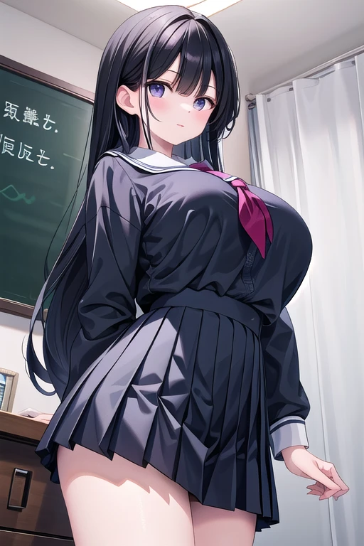 highest quality,wonderful,finely,extremely detailed CG Unity 8K wallpaper, (sex from behind:1.2), (1 girl, black hair,twin tails, clothed),(huge breasts:1.1),(Sailor swimsuit:1.1), (zettai ryouiki:1.4)
