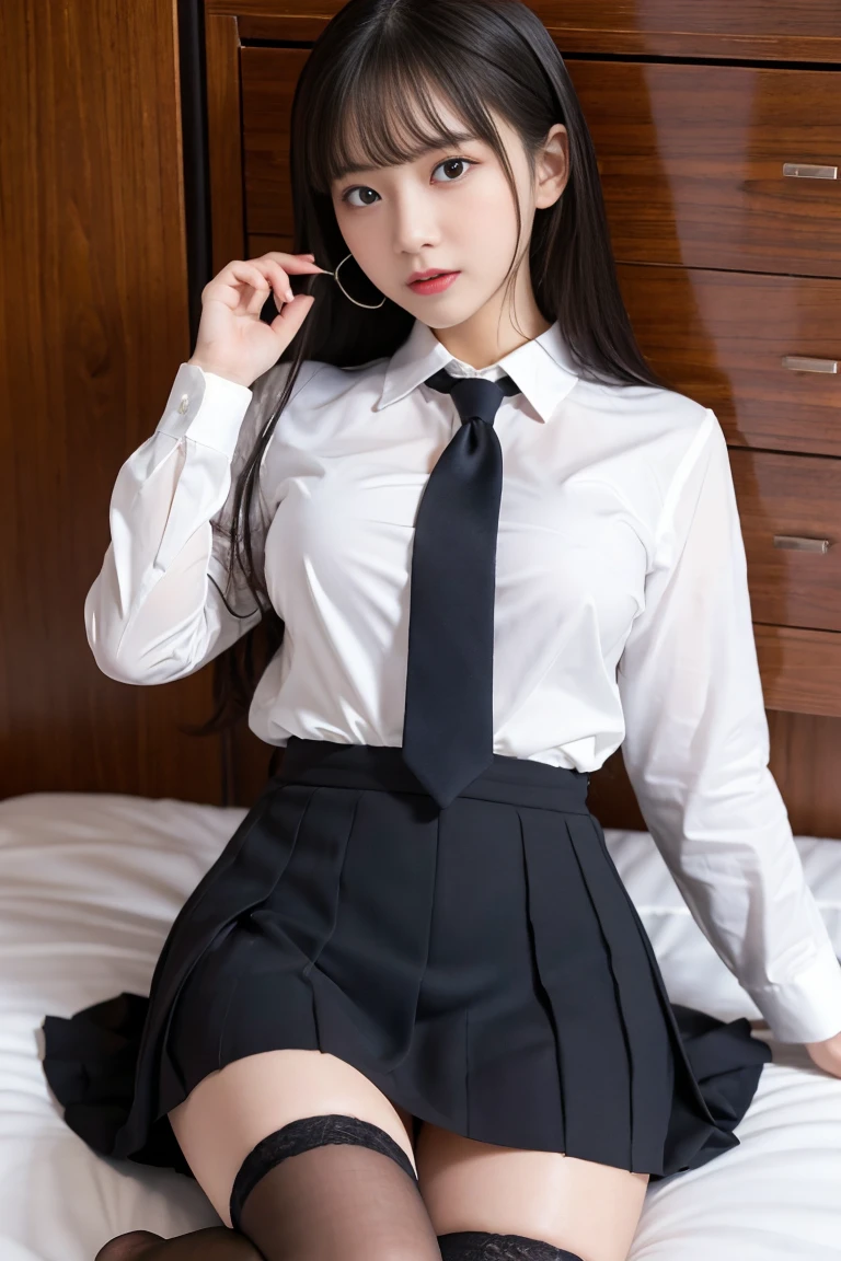 (original photo, best quality), (actual, photo-actual:1.3), masterpiece, extremely delicate and beautiful, Very detailed, CG, Unite , 2k wallpaper, Amazing, fine details, A faint smile, Very detailed CG Unite 8k wallpaper, Huge file size, Super detailed, High resolution, Ridiculous, Soft Light, (((Medium long hair:1.3), Short Liuhai, Pink hair, Flowing HairNovaFrogStyle)), Beautiful and meticulous girl, Detailed fingers, Very detailed eyes and face, Beautiful and detailed nose, Beautiful and delicate eyes, Long eyelashes, There is light on the face, looking at the audience, (Keep your mouth shut:1.2), 1 girl, Lovely, young, Mature face, (whole body:1.3), ((Small Breasts)), actual face, actual body, Beautiful and delicate thighs, (ulzzang-6500-v1.1:0.8), Business suit, Cross-tie clothes, Collared shirt, Open your clothes, in office, Detailed office, cardigan, Black over-the-knee stockings, mini skirt, Black underwear, Unbutton your shirt,