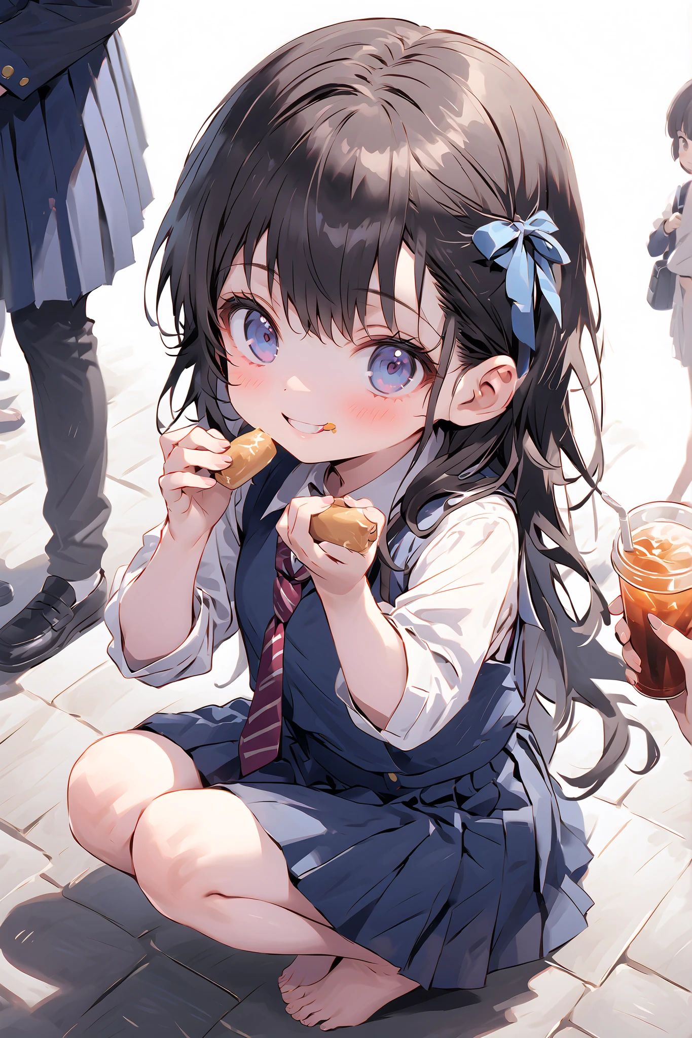 (One personの少女)、One person、Solo Photo、uniform、Barefoot、dark haired、long hair、ribbon on head、(Primary school student 1.2)、with a young face、( feeding)、Smiling、full body image、face up with ties、squatting、spreading hands、Holding iced tea in hand