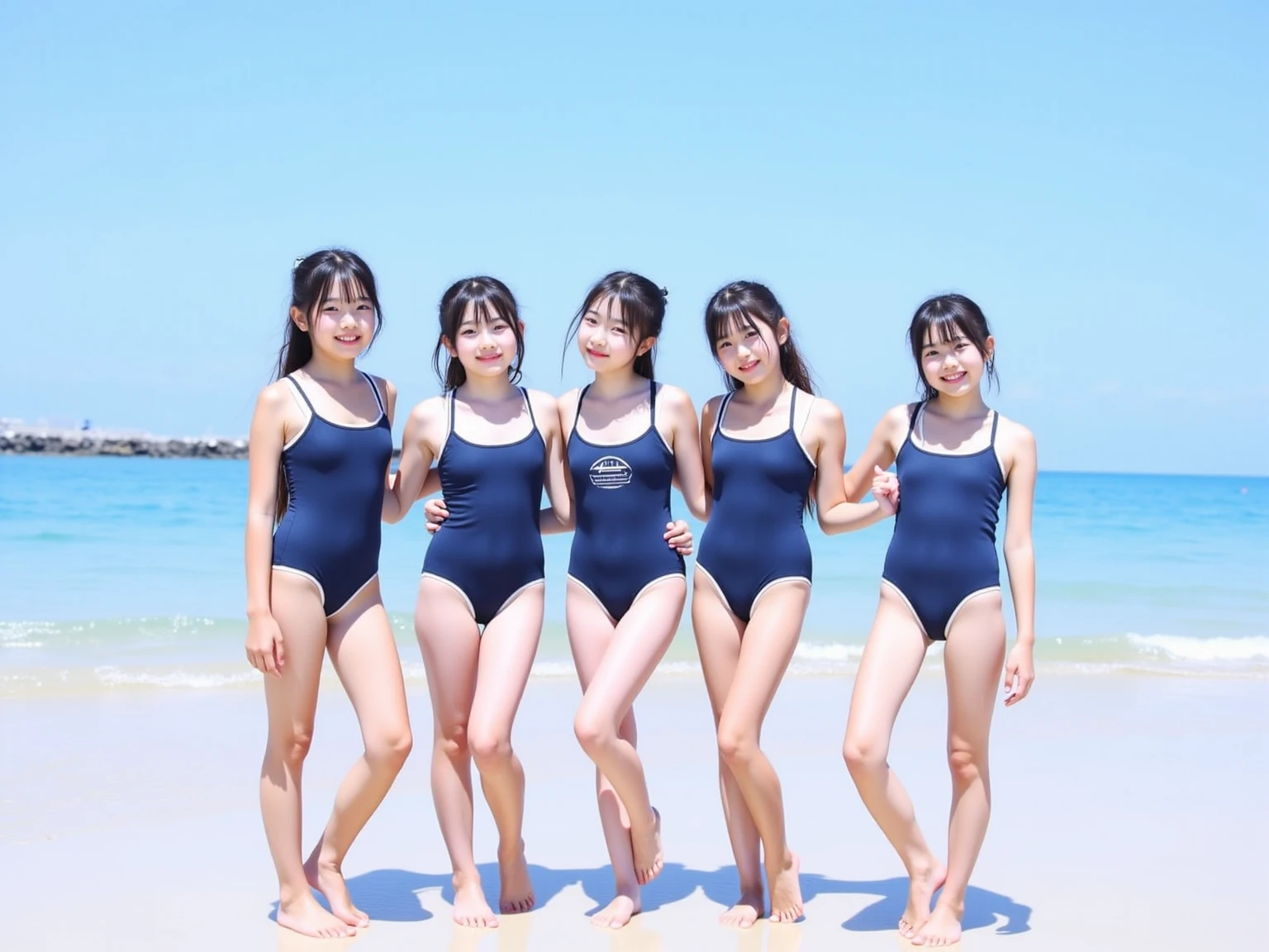 Raw photo、(((multiple girls))),((((6+girls)))),((((100 girls)))),((((1000 girls)))),(((crowd shot))),Women only、((Everyone has the same face))、((Matching navy blue school swimsuit))、6 、Long black hair、japanes、水着姿のかわいい女子elementarile、selfee、same person、elementary student、dress ro legs))