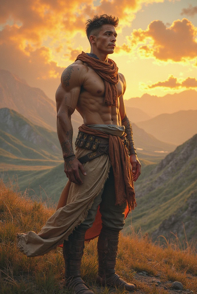 A man, with six packs, fit body, a scar on his forehead, in a village, handsome, wearing ninja pants