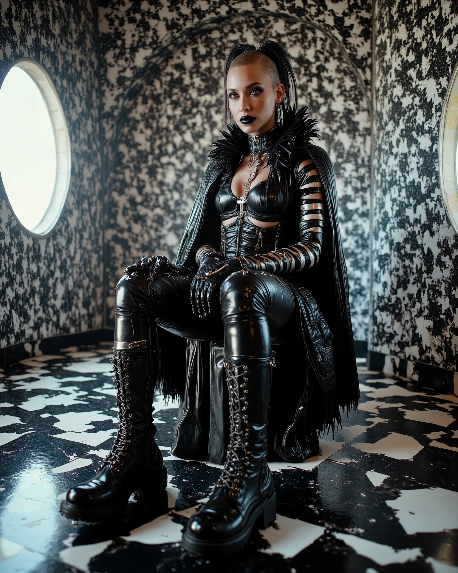 In an environment such as a checkerboard A surreal work that represents a Nordic woman fashion model. The beautiful punk metal woman wears black leather clothing and spikes with huge platform boots that combine intricate details with abstract and geometric shapes, It integrates seamlessly into the environment. with complex, with a surrealistic structure. The person wears black and white striped clothing that combines intricate details with abstract and geometric shapes and a shaved head, The background has a kaleidoscopic effect with black and white patterns. The general environment in their heads is dreamy, that turns the uterus upside down